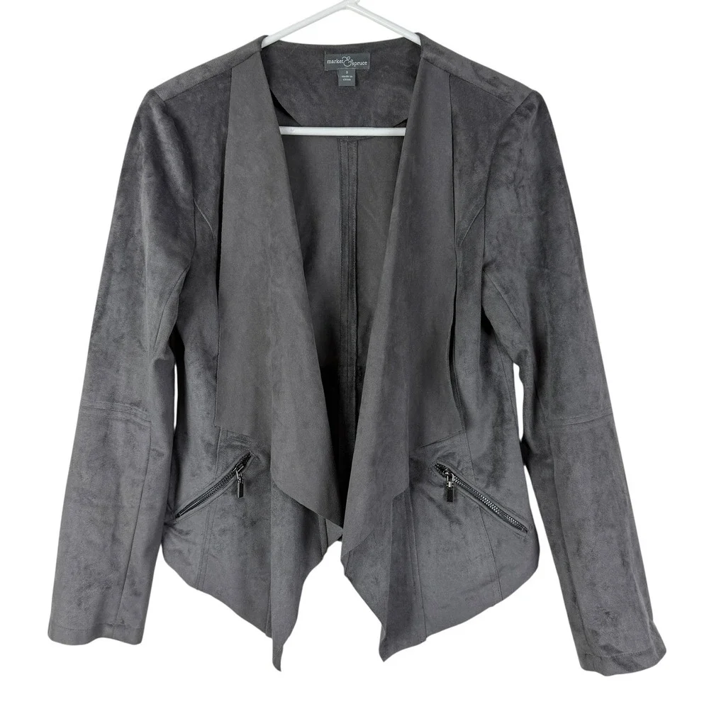 Market & Spruce Grey Faux Suede Drape Front Jacket Women's Small‎ SFJ7648